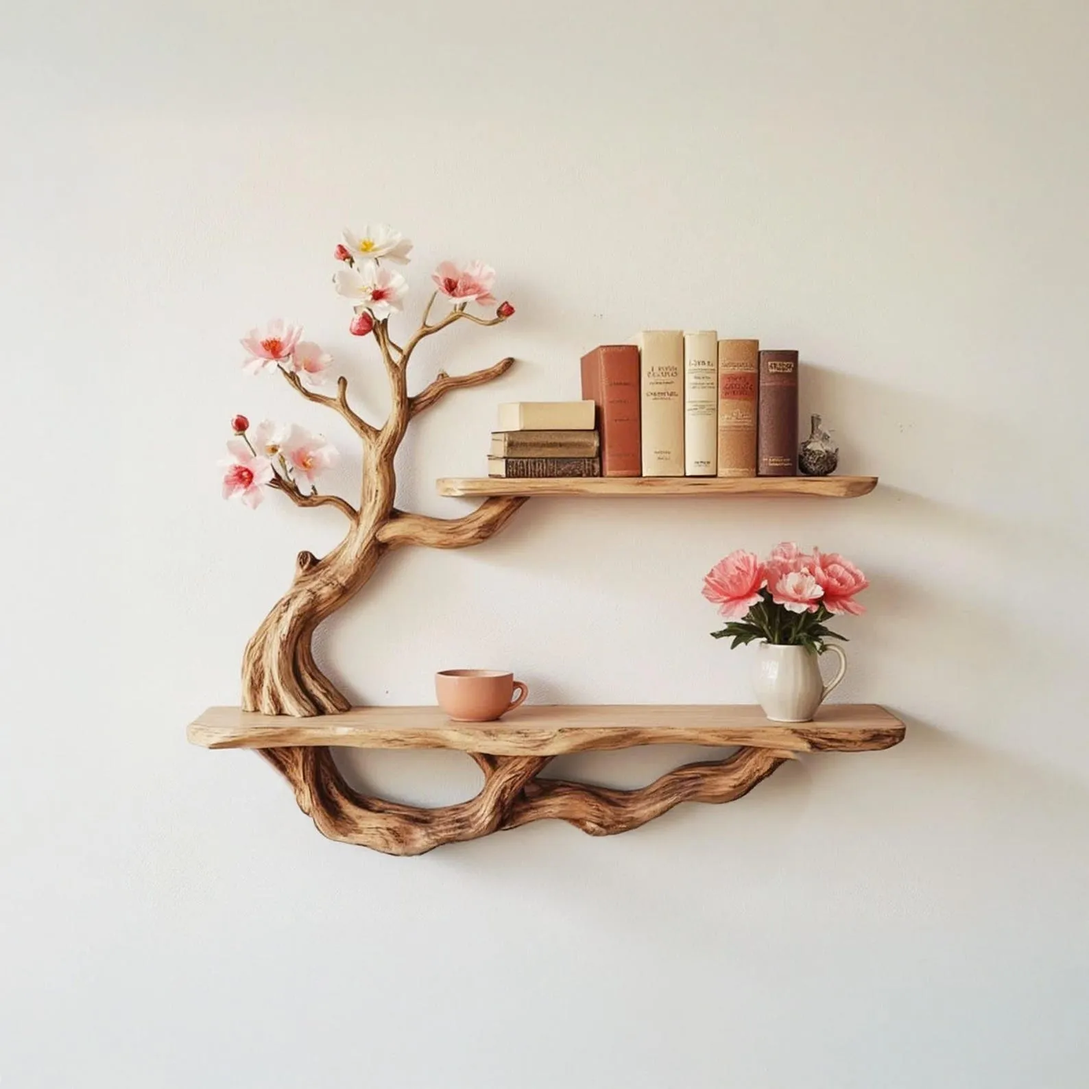 Handmade Driftwood Tree Wall Mounted Solid Wood Bookcase