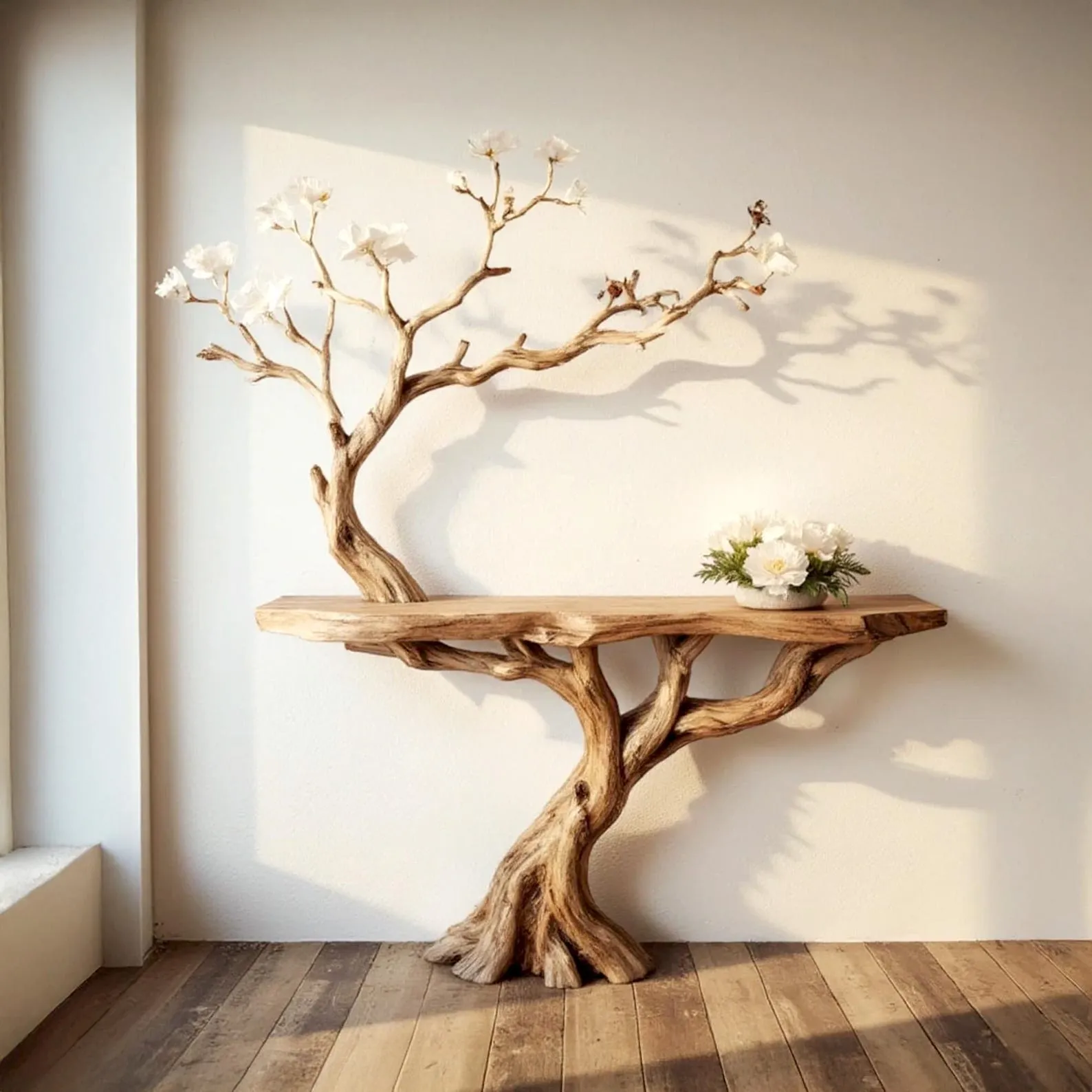 Driftwood Branch Entryway Console Table With Integrated Wall Shelf